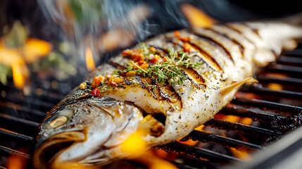 Close-up of a freshly caught fish being grilled on an outdoor barbecue, with herbs and spices