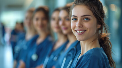 Fototapeta premium Candid shot of group of student nurses smiling together in hallway
