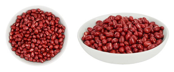 Red adzuki beans in ceramic bowl isolated on white background. Top view. Flat lay.