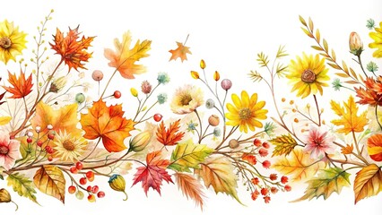 Watercolor seamless border on white background with autumn wild flowers branches maple leaves and twigs