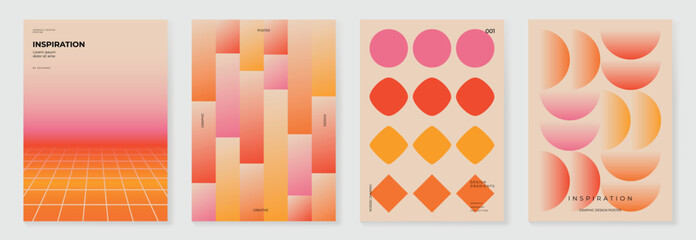 Collection of 70s color gradient poster background vector. Set of retro wall decoration, groovy, trippy, geometric shape. Vintage hippie wall art for interior, decorative, banner, cover, card. © TWINS DESIGN STUDIO