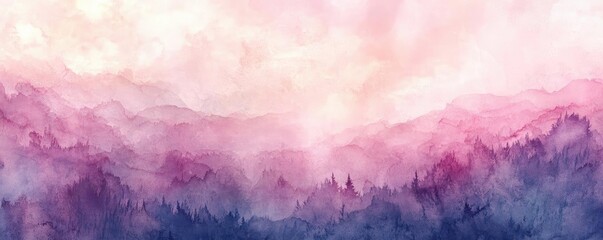 Fototapeta premium A stunning abstract watercolor landscape showcasing soft hues of pink and purple over misty mountains, evoking calmness and beauty.