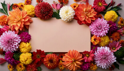 A vivid autumn backdrop adorned with asters, dahlias, and marigolds, providing a floral greeting with space for writing.