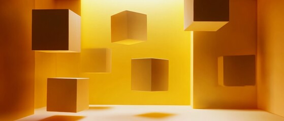 A room with yellow walls and a few cubes floating in the air