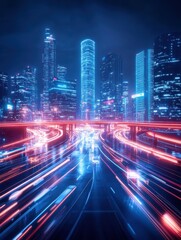 Obraz premium A smart city features autonomous vehicles, AI-controlled infrastructure, and digital interfaces seamlessly integrated into daily life