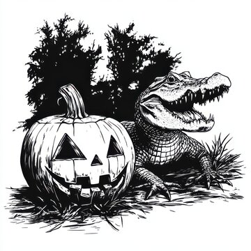 recommend clip art: Black and white Vintage engraved art of an alligator lurking near a Jack o' lantern, isolated on white background, ink sketch illustration, simple vector art design, highly detailed line art