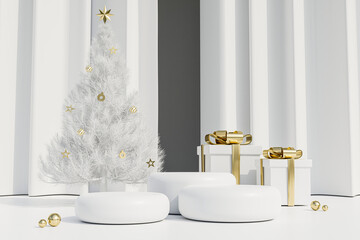 white podium and christmas tree with gold gift box on  background, christmas sale concept, 3d render
