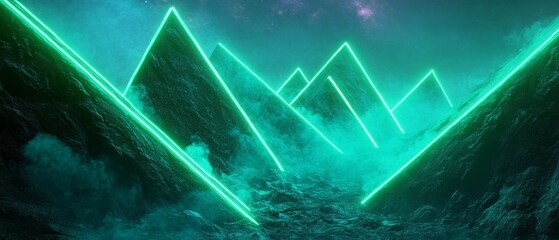 A green mountain range with neon lights