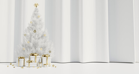 white podium and christmas tree with gold gift box on  background, christmas sale concept, 3d render