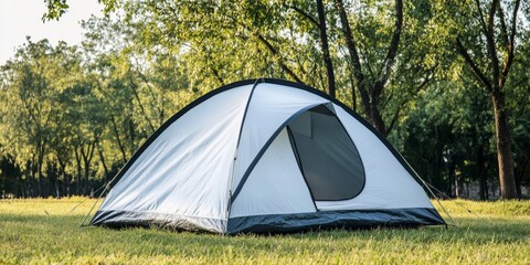 Serene Outdoor Adventure: White Camping Tent on Lush Green Meadow under Blue Sky. Spring Nature Escape for Tourism Marketing, Cultural Campaigns, and Seasonal Promotions. High-Resolution 4K Wallpaper 