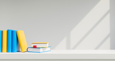 yellow and blue book on white shelf background, space for kid product, invention. Studying, education and e-learning concept, 3d render