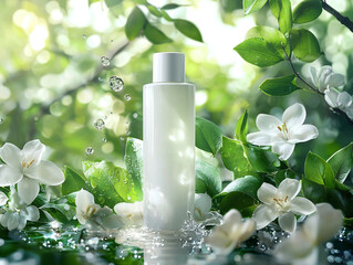 bottle of perfume with flowers, Sample of shampoo bottles in the middle of nature