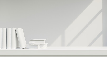 white book on white shelf background, space for kid product, invention. Studying, education and e-learning concept, 3d render