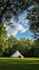 Serene Outdoor Adventure: White Camping Tent on Lush Green Meadow under Blue Sky. Spring Nature Escape for Tourism Marketing, Cultural Campaigns, and Seasonal Promotions. High-Resolution 4K Wallpaper 