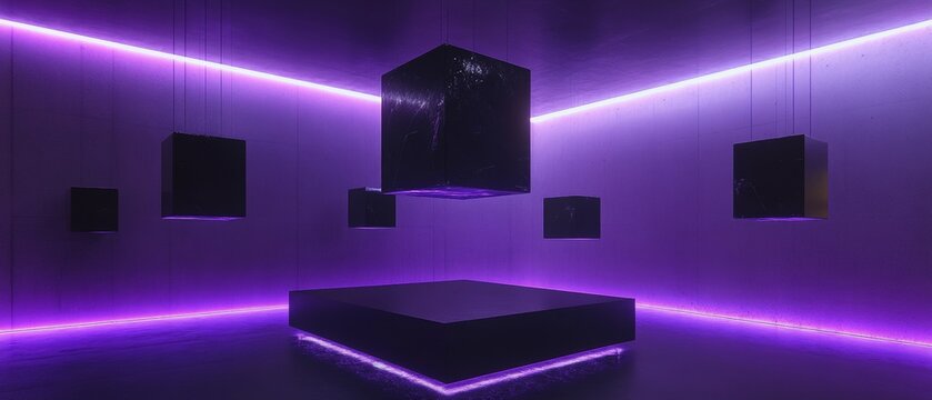 A room with purple lights and a black cube in the middle - Powered by Adobe