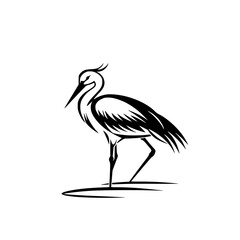 Obraz premium Minimalist heron bird silhouette illustration, A black-and-white minimalist illustration of a heron standing gracefully, showcasing elegance and nature in a simple, clean design. 