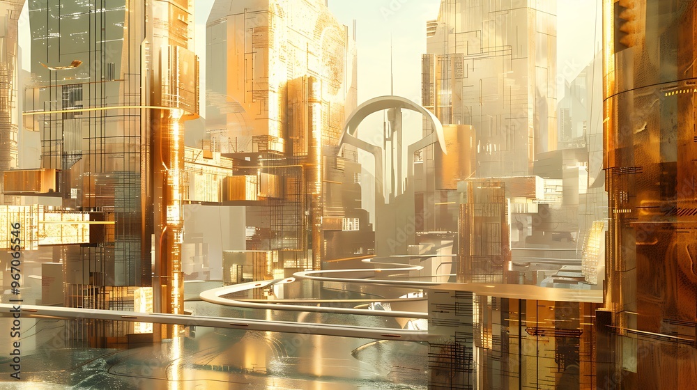 Wall mural Futuristic cityscape bathed in golden hues. Towering skyscrapers made of shimmering metal create a mesmerizing urban landscape that evokes a sense of technological advancement grandeur.