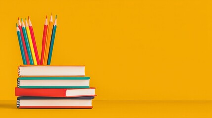 Fototapeta premium A stack of colorful books with a set of vibrant pencils arranged on top, set against a bright yellow background, representing creativity and education.