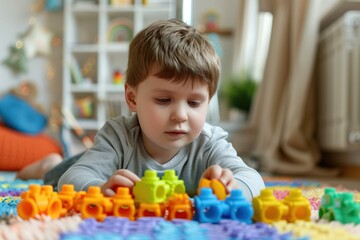 Fototapeta premium Portrait of a child with autism playing with colorful building blocks, deeply focused and happy