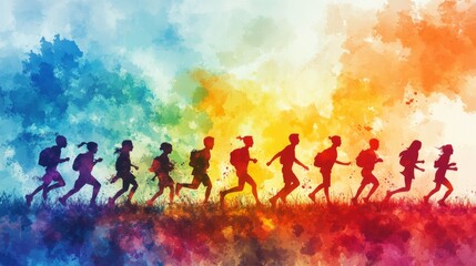 Fototapeta premium Vibrant watercolor illustration of children running, set against a rainbow background, symbolizing freedom, movement, and childhood joy.