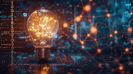 A glowing light bulb representing an idea, innovation, or inspiration against a background of digital data and circuitry.