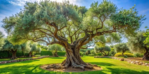 Obraz premium Well-tended garden with ancient olive tree
