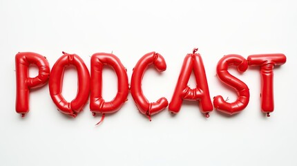 Podcast text made from red balloon letters on white background