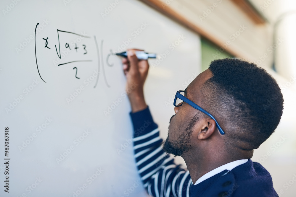 Poster University, maths and teacher writing on whiteboard for lesson, learning and examination in classroom. Education, teaching and black man write sum for knowledge, assignment and studying in college