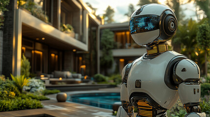 A futuristic robot stands elegantly in a luxurious outdoor setting, showcasing advanced technology and serene landscape design.