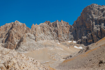 Aladaglar National Park. Cloudy mountain landscape. Transmountain trips. Trekking Aladaghlar. Turkey..