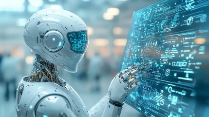 An advanced humanoid robot using a touchscreen interface filled with complex digital data and holographic elements, set in a futuristic and high-tech environment.