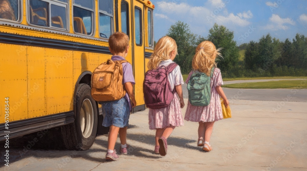 Canvas Prints A painting of three children are walking to a school bus, AI