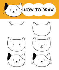 How to draw cat face cartoon step by step for learning, kid, education, coloring book. Vector illustration