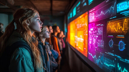 A group of young individuals observing vibrant data visualizations in a modern setting, showcasing innovation and technology.