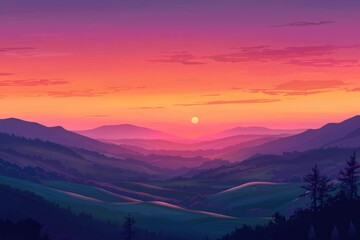 Obraz premium A Serene Sunset Overlook With A View Of Rolling Hills And A Sky Transitioning From Orange To Purple. Cozy Vibe, Generative AI 