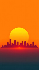 Obraz premium A city skyline is reflected in the water as the sun sets. The sky is orange and the water is blue