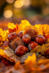 autumn wallpaper with chestnuts and leaves