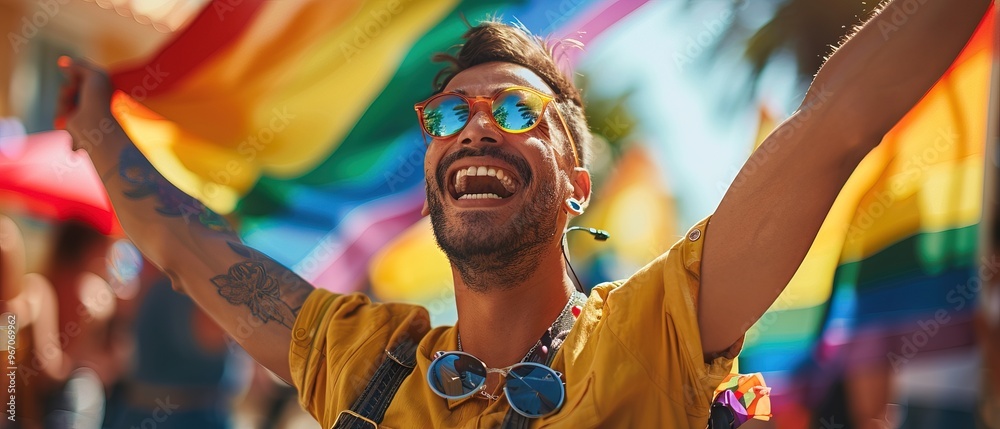 Wall mural disabled gay man in a wheelchair celebrating pride festival in the summer with rainbow flags