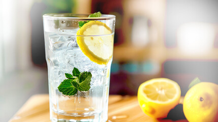 Cold fresh summer detox cocktail with mint and lime on the table. Summer background.