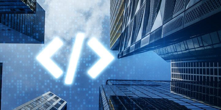 Abstract glowing programming code on blurry city background. Program and software development concept. Double exposure.