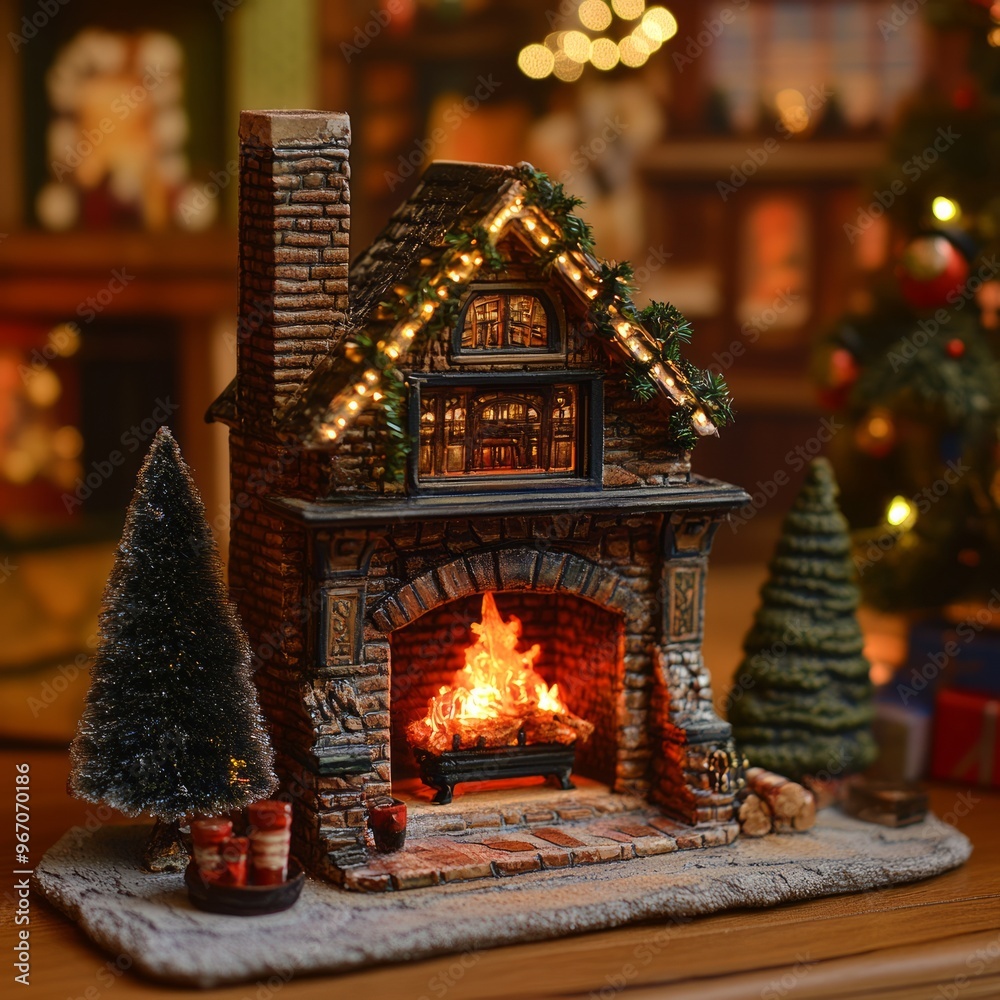 Poster A miniature Christmas village scene with a lit fireplace, two Christmas trees, and a snowy pathway.