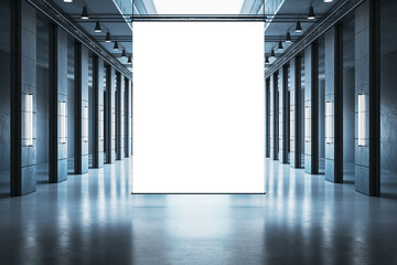 Contemporary office corridor with reflections and empty white mock up banner. 3D Rendering.