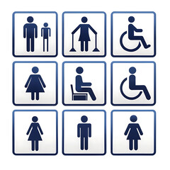 Comprehensive Set of Toilet Silhouette Icons for Public Restrooms Featuring Male, Female, Transgender, Disabled, and Mother & Baby Room Symbols