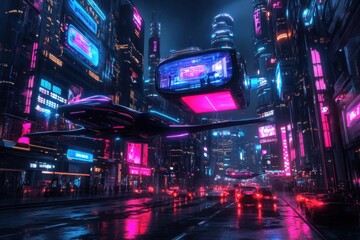 Obraz premium An ultra-modern city features glowing holographic billboards and automated drones navigating bustling streets