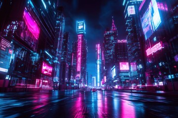 Obraz premium An ultra-modern city features glowing holographic billboards and automated drones navigating bustling streets