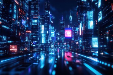 Fototapeta premium An ultra-modern city features glowing holographic billboards and automated drones navigating bustling streets