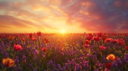 Fototapeta premium Flower field bathed in the golden glow of a sunset. The vibrant red flowers stand out against the soft, warm light. The sky is ablaze with colors, adding to the overall beauty of the scene.