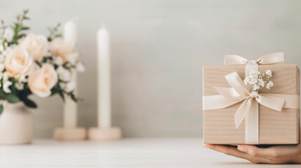 Obraz premium Elegant Hand Presenting a Gift Box with a Satin Ribbon Against a Soft Background