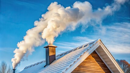 White billowing smoke from stovepipe on winter house