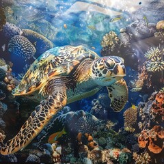 Fototapeta premium A sea turtle swims gracefully through a vibrant coral reef, surrounded by colorful fish and marine life.